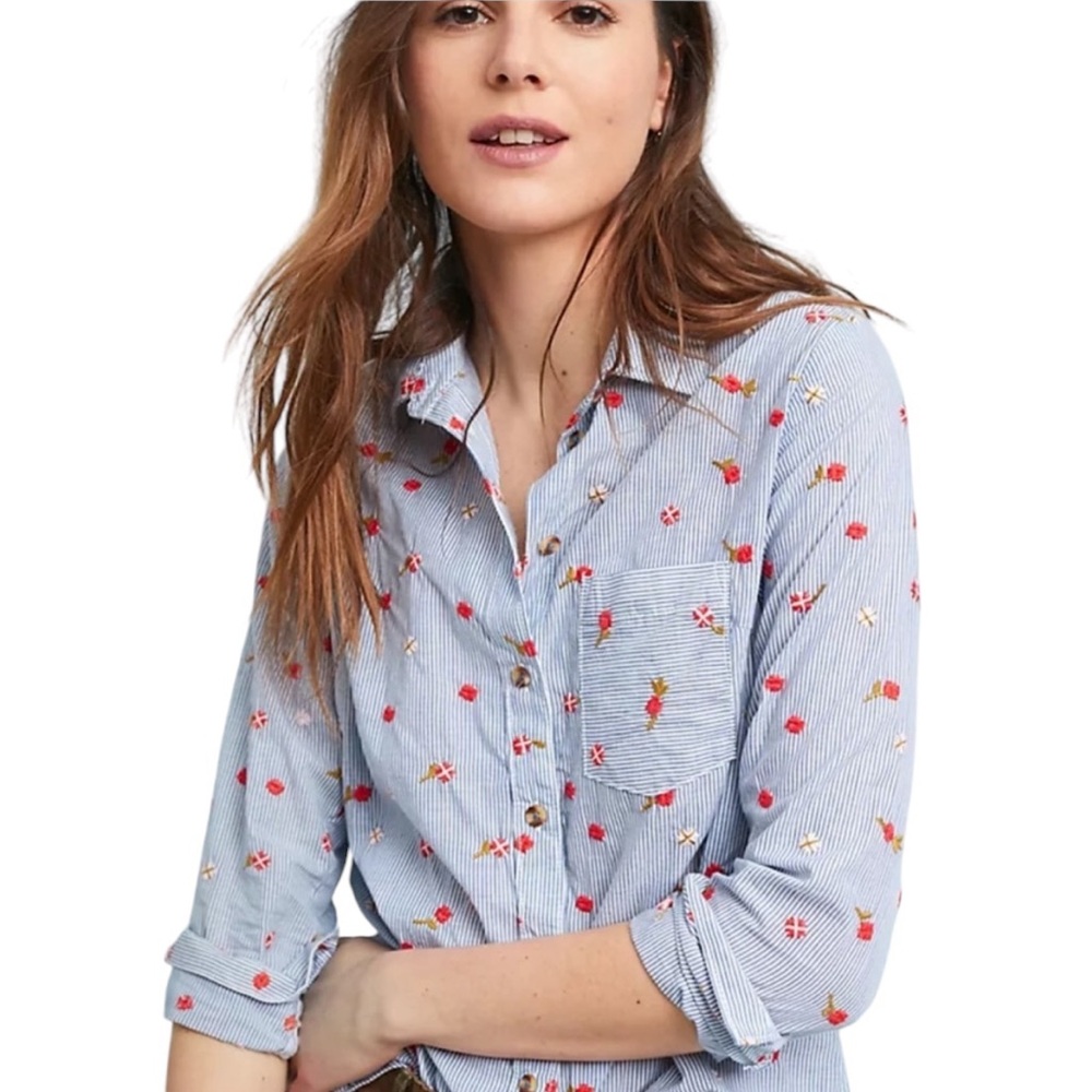 Anthropologie Blue Striped Button Down Shirt with Floral Embroidery